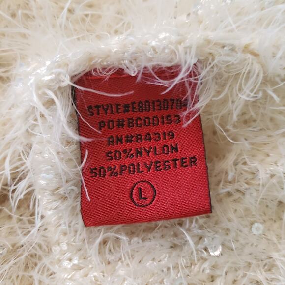 Red - Ivory Sparkle Eyelash Knit Sweater Crew neck Longer Length Size Large - Picture 7 of 13